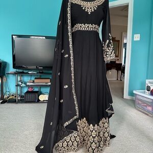Stunning Black Georgette Gown with Gold Embroidery